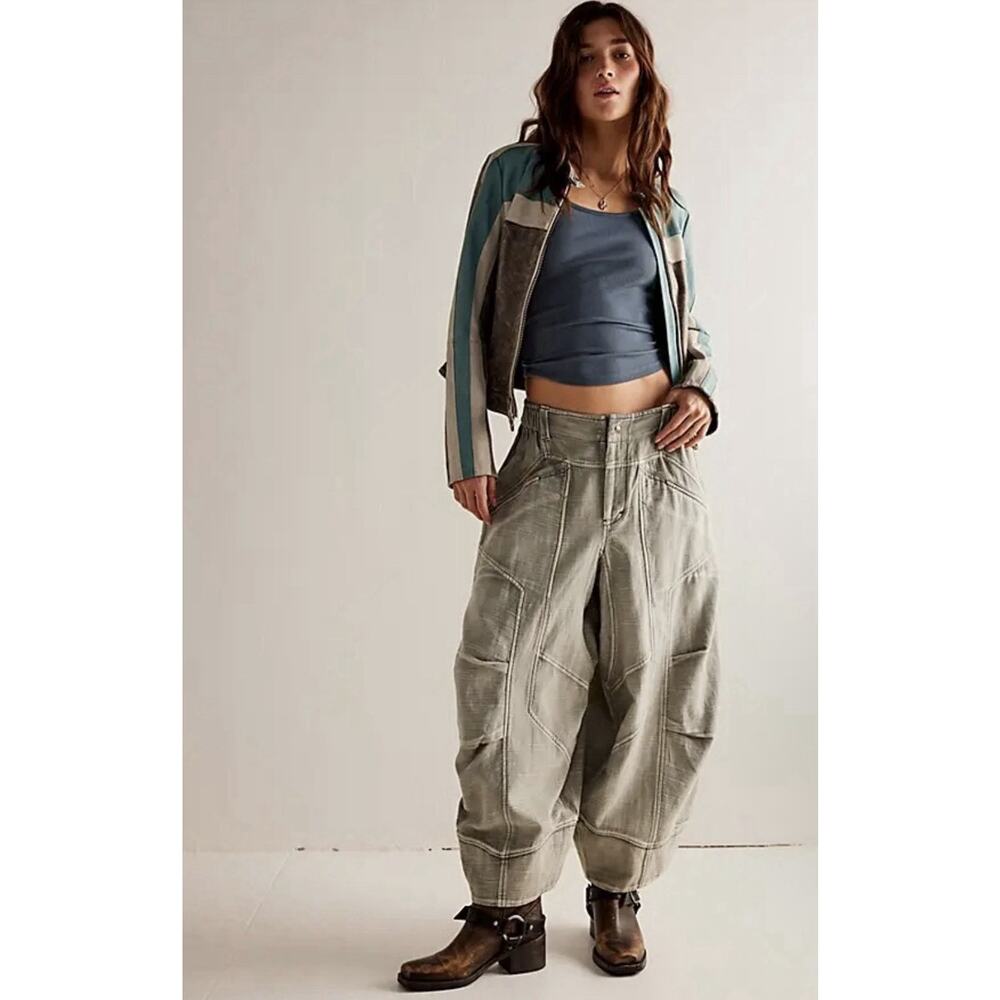 Free People Ride Out Barrel Moto Pants We The Free Pockets XL Gray